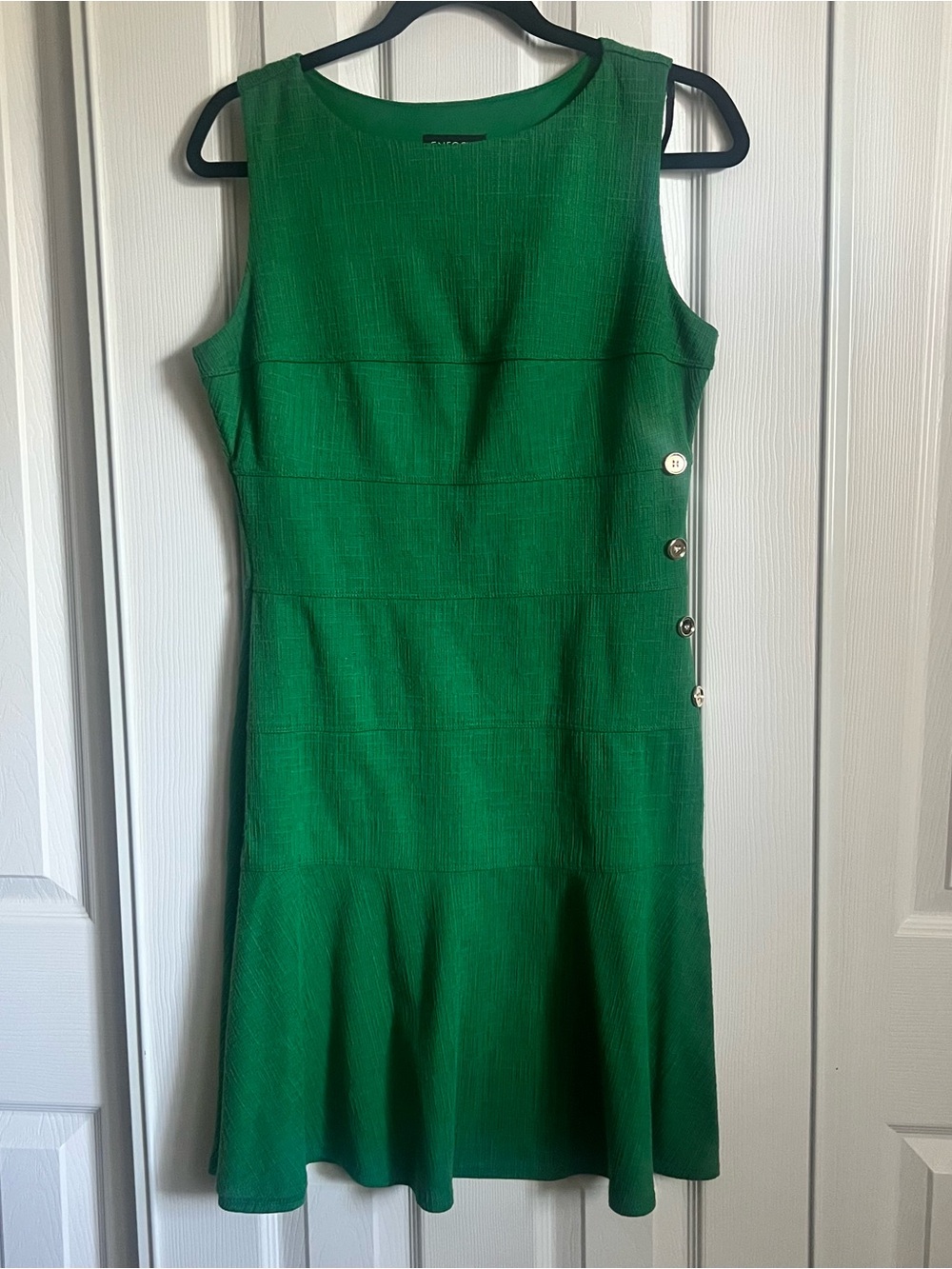 Enfocus Studio Green Sleeveless Sheath Dress Gold Side Buttons Work Cocktail 10